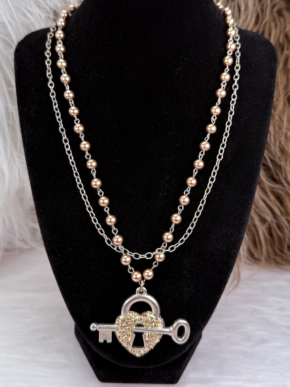 Vintage Heart Lock & Key Rhinestone Pendant Layered Necklace